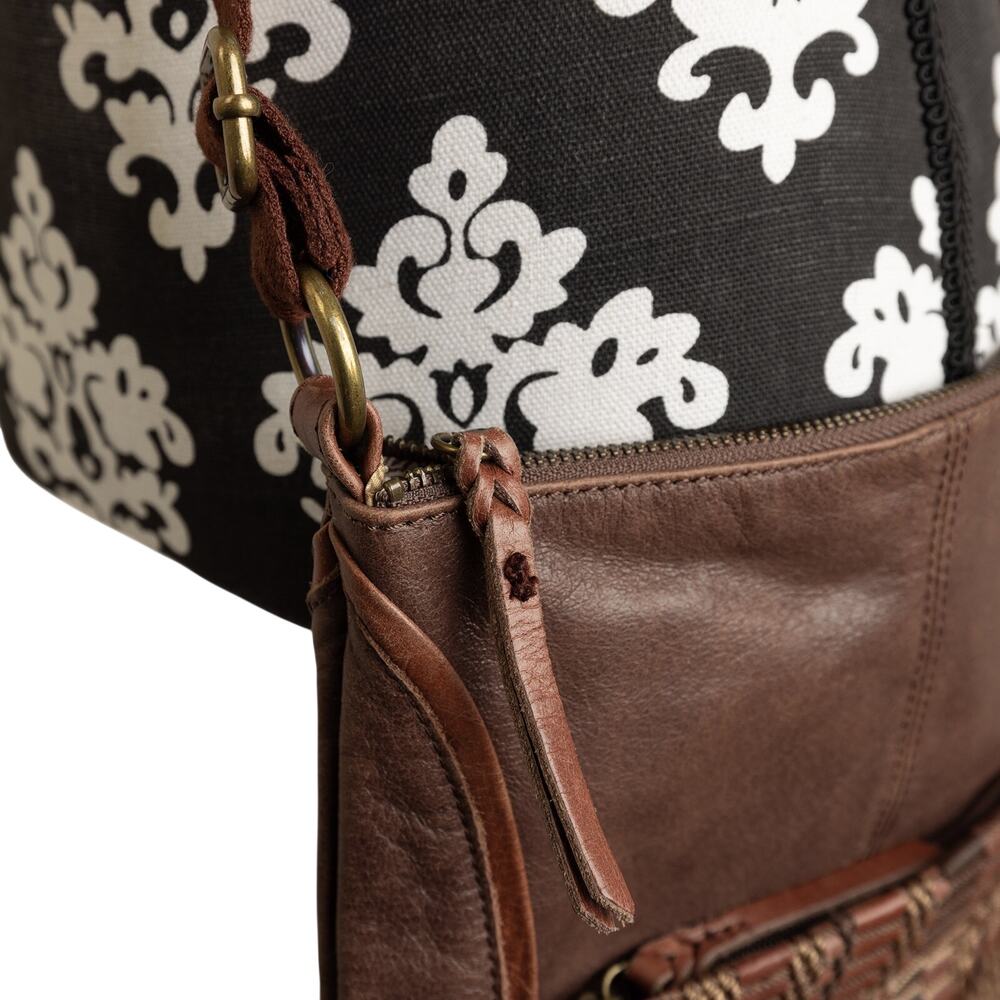 Women's Classic Boho Brown Leather And Woven Fabric Crossbody Purse By The Sak - Picture 7 of 12